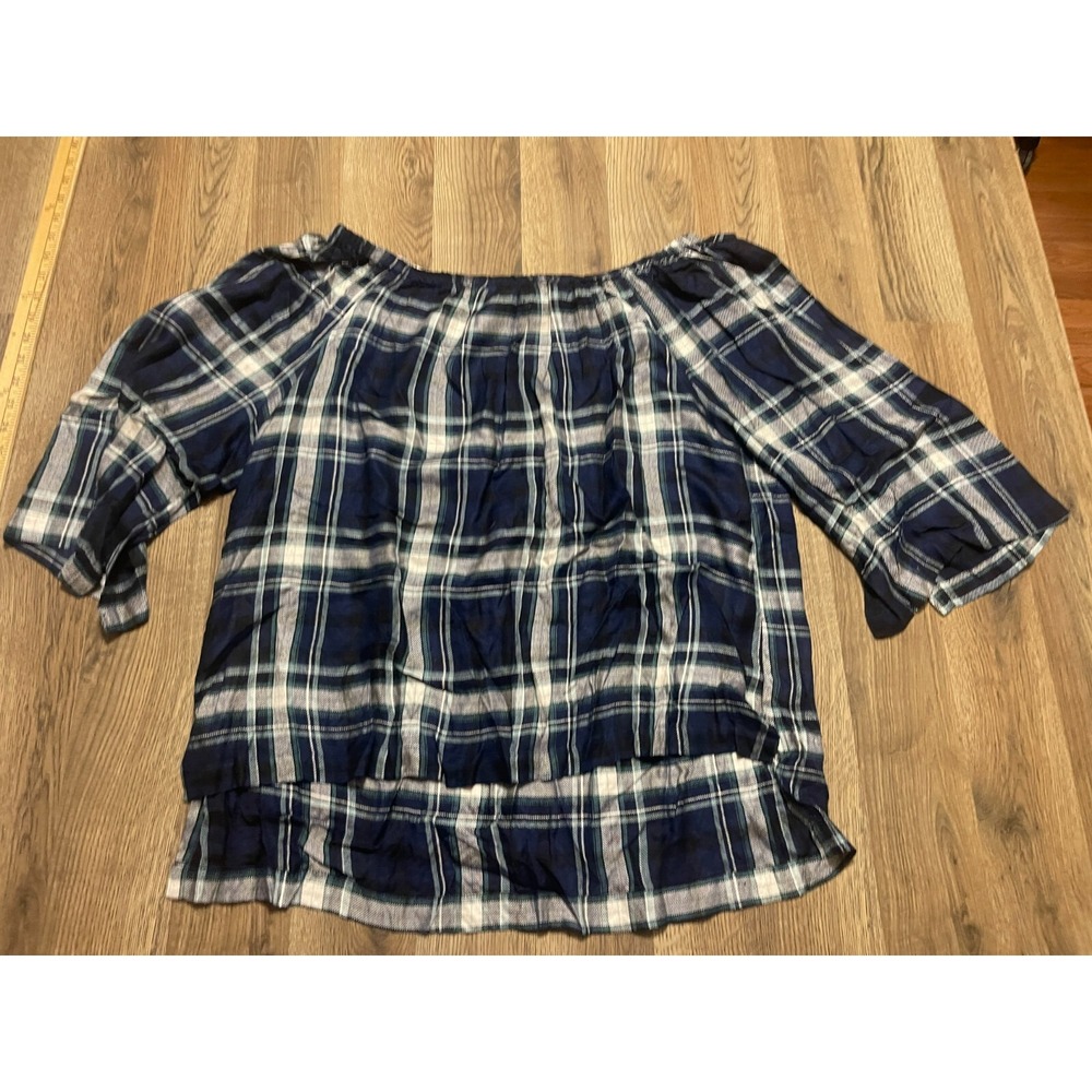 June and Delancey Shirt Womens 1X, Green White Blue, 3/4 Sleeve Off the Shoulder